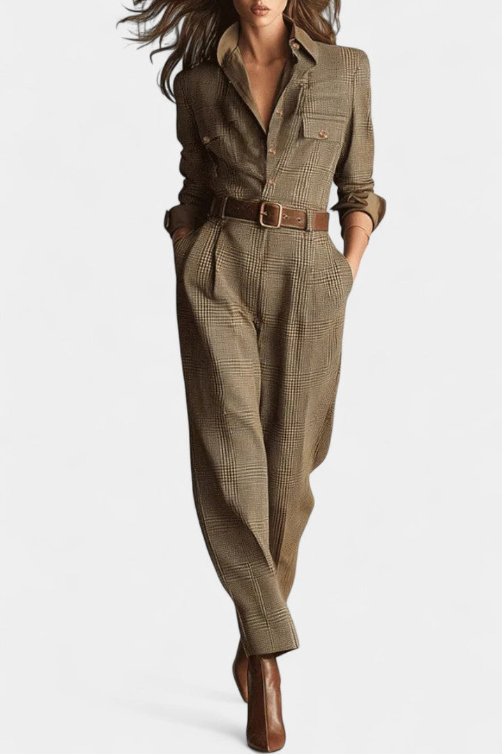 Cali Brown Checkered Tweed Jumpsuit with Adjustable Belt