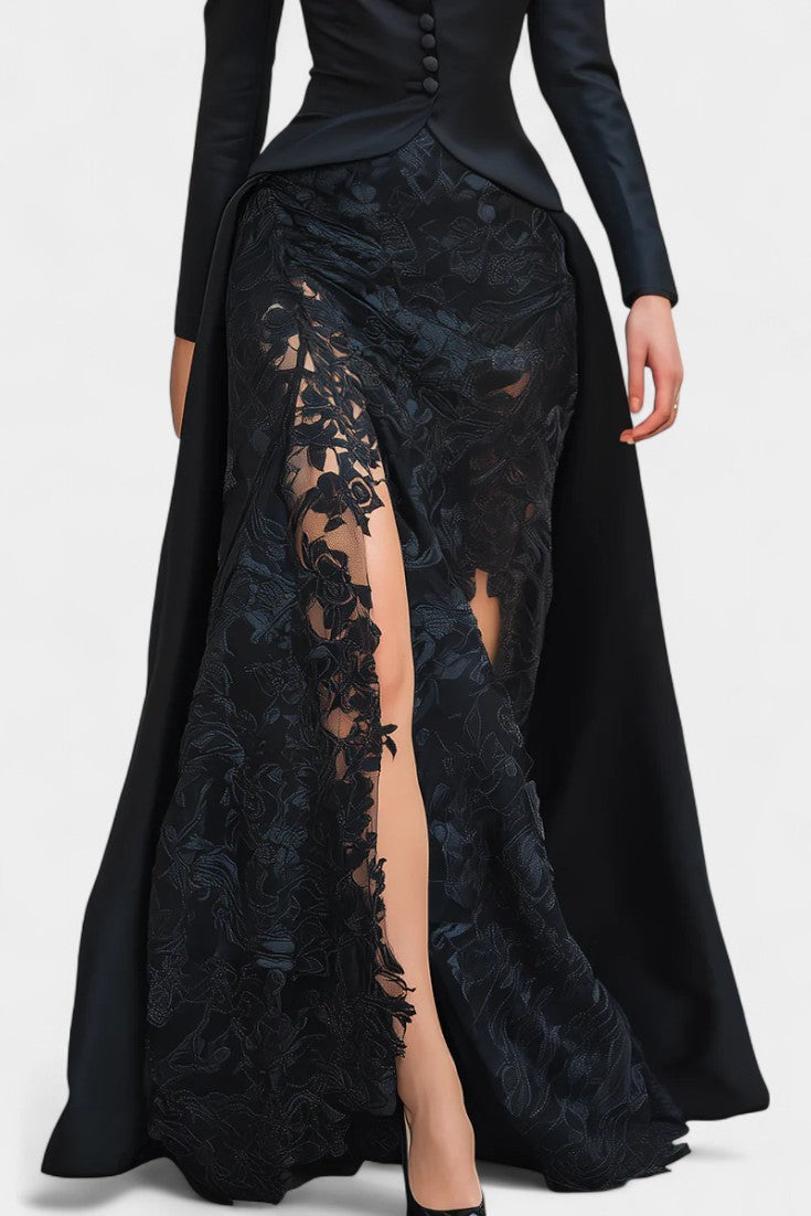 Flavienne Satin Blazer Dress with Black Lace Accents