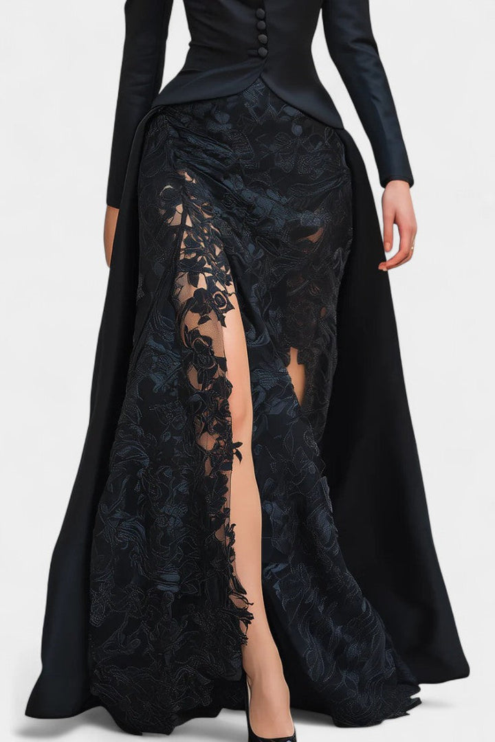 Flavienne Satin Blazer Dress with Black Lace Accents