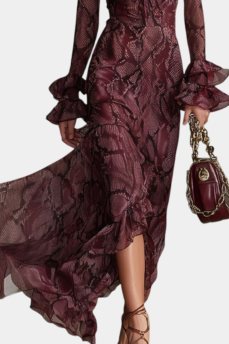 Amisana Bordeaux Maxi Chiffon Dress with Snake Print and Ruffle Details