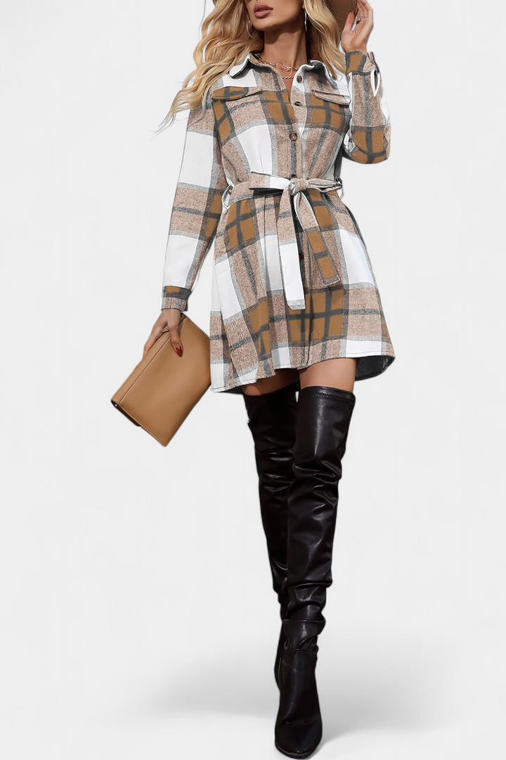 Masia Adjustable Belt Mini Check Shirt Dress