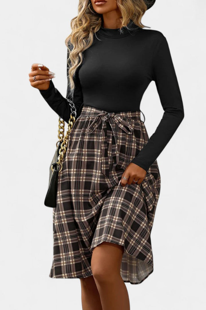 Orlane High-Collar A-Line Checkered Dress with Long Sleeves