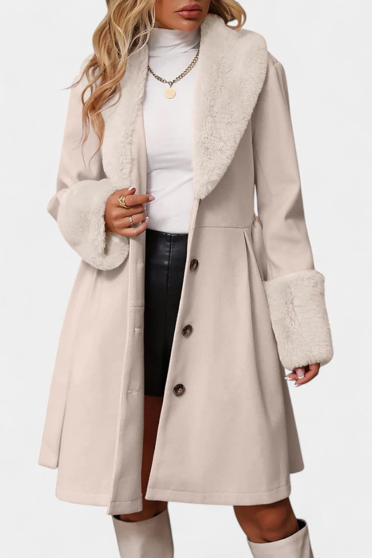 Colombine Belted Trapeze Coat with Faux Fur Accents