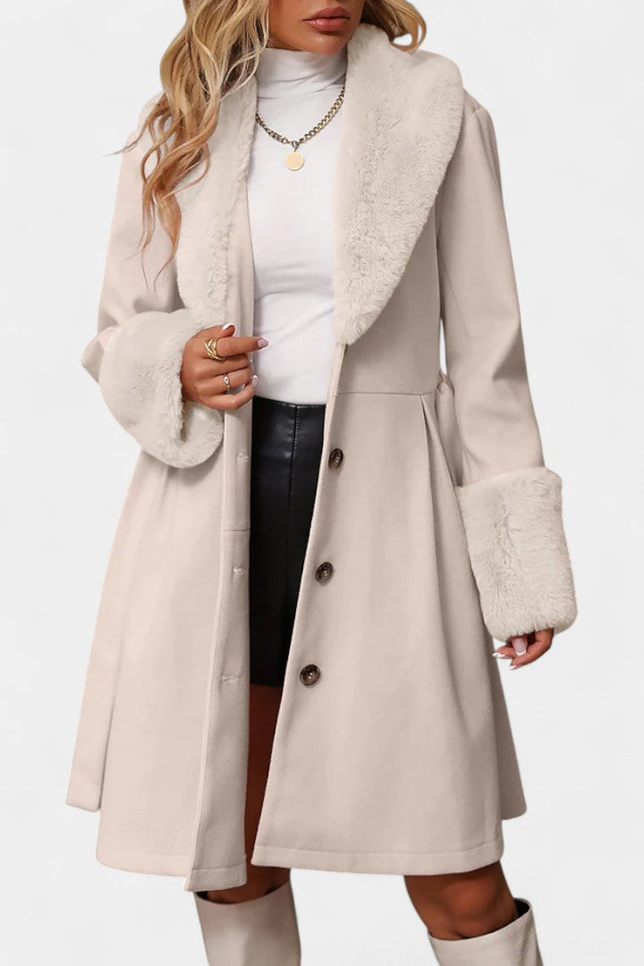 Colombine Belted Trapeze Coat with Faux Fur Accents