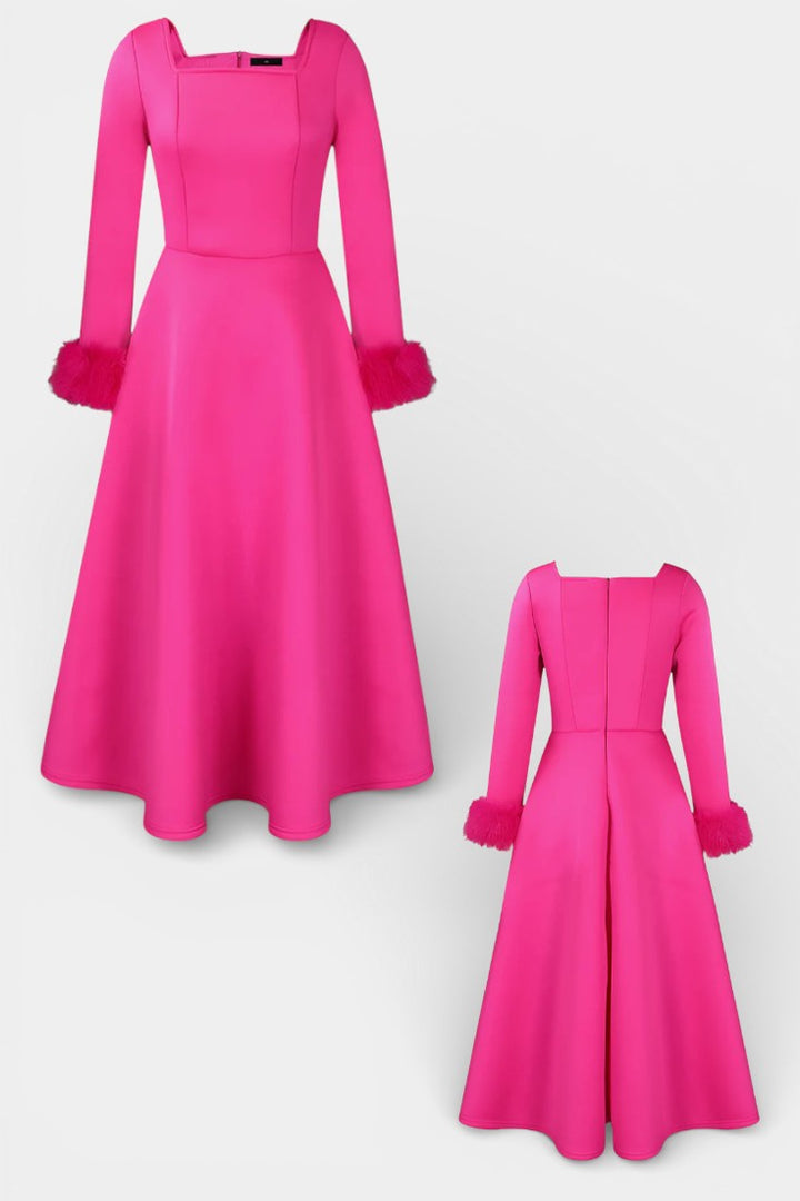 Alicia Flared Dress featuring Square Neckline and Faux Fur Patchwork Sleeves