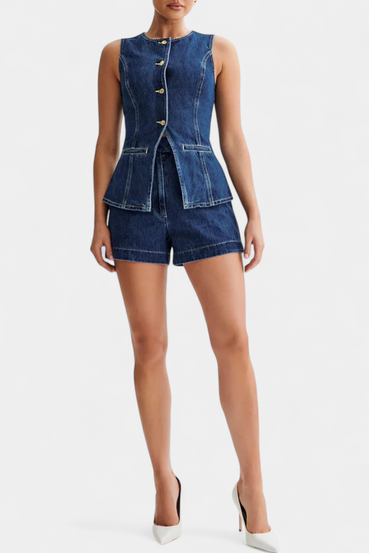 Raya Denim Ensemble: Sleeveless Jacket & High-Waisted Shorts