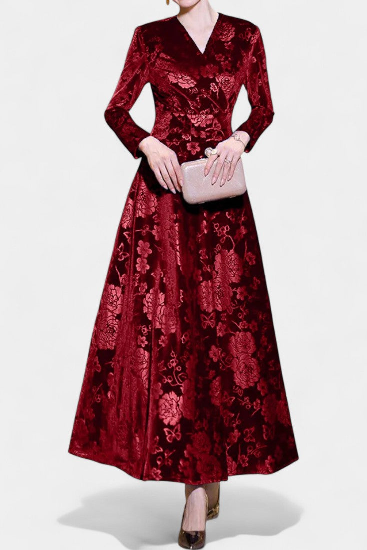 Ombeline V-Neck Long Velvet Dress with Textured Floral Design