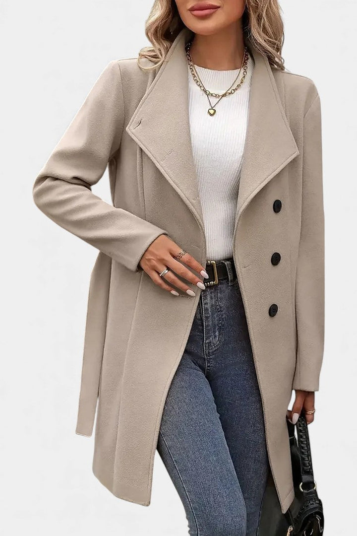 Yuliana Long Button-Up Coat with Adjustable Waist Tie