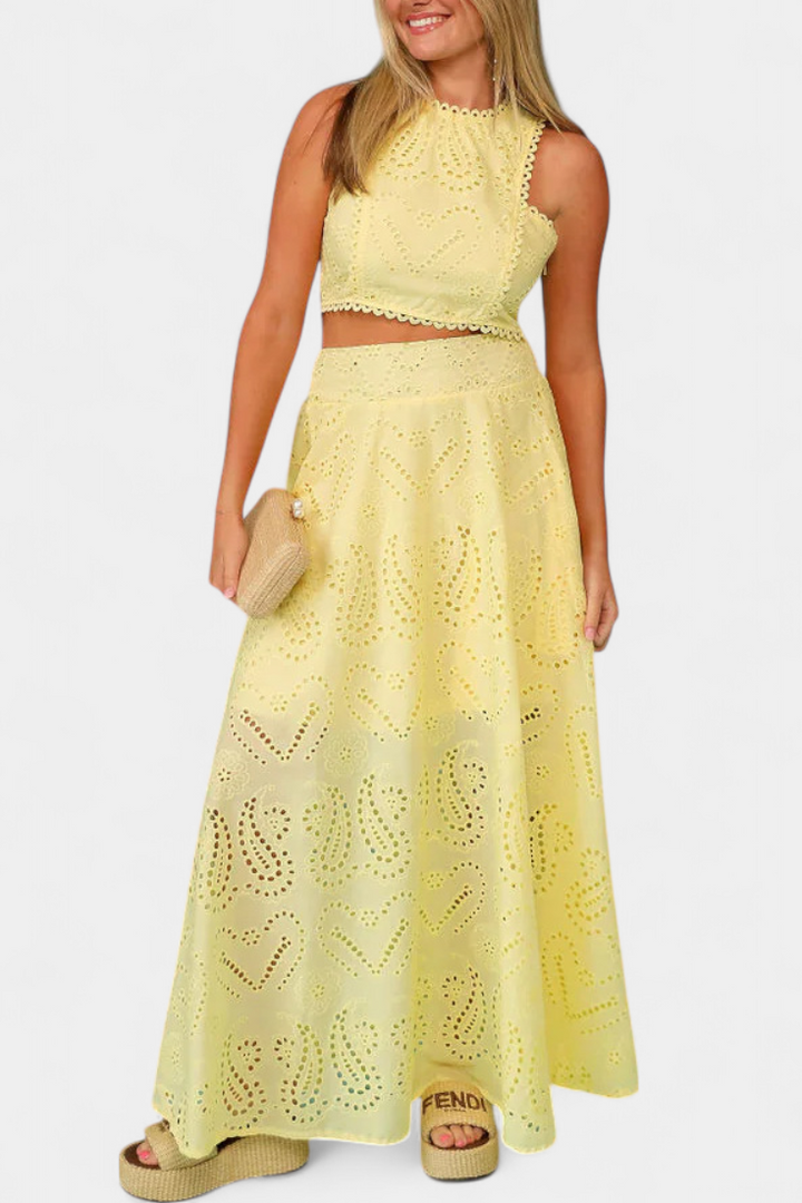 Danitza Floral Lace Two-Piece Set: Crop Top & Maxi Skirt