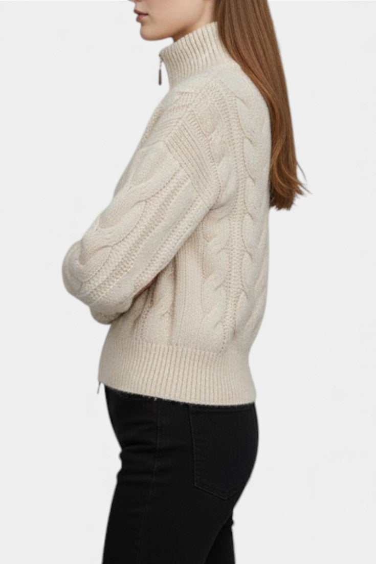 White High-Neck Cable Knit Zip Vest