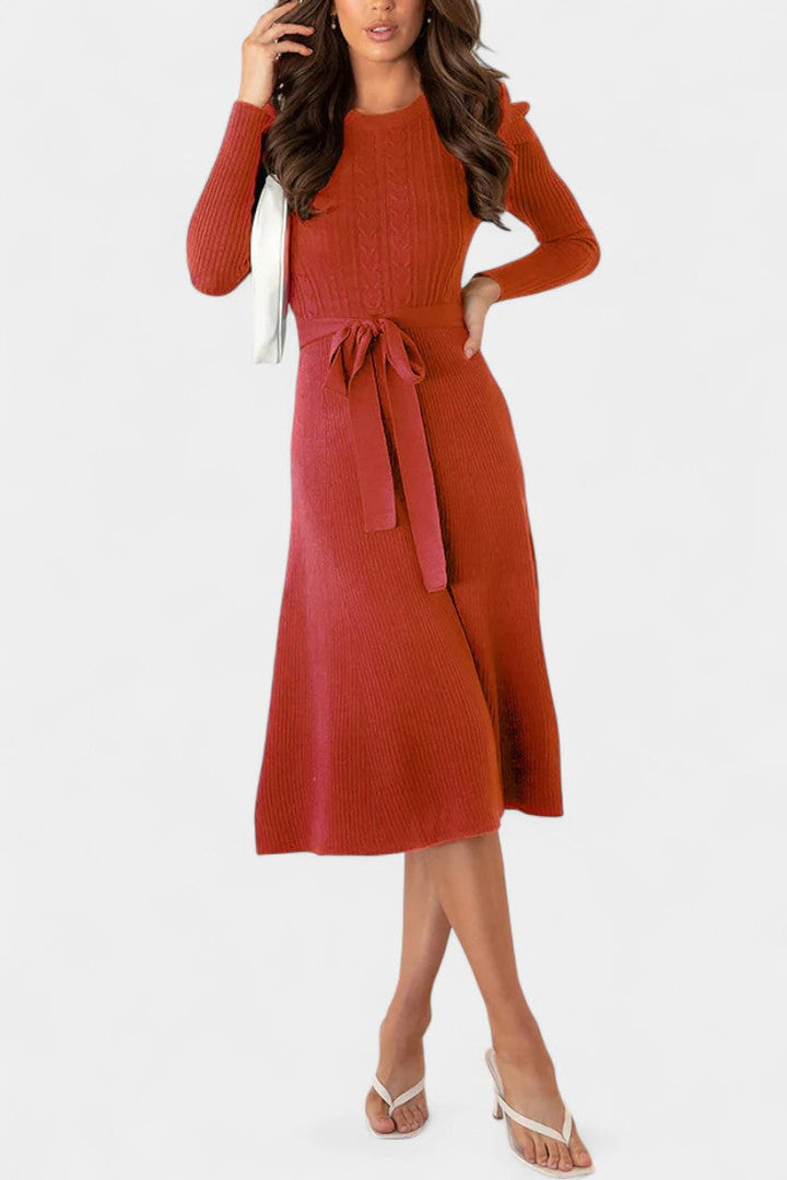 Évoria Puff Sleeve Midi Knit Dress with Lace Accents