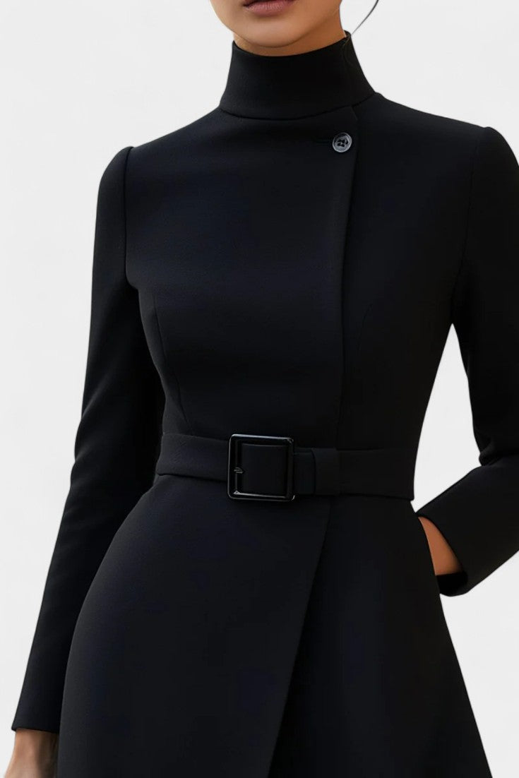 Estée Asymmetrical Black Dress Featuring a High Collar and Chic Belt