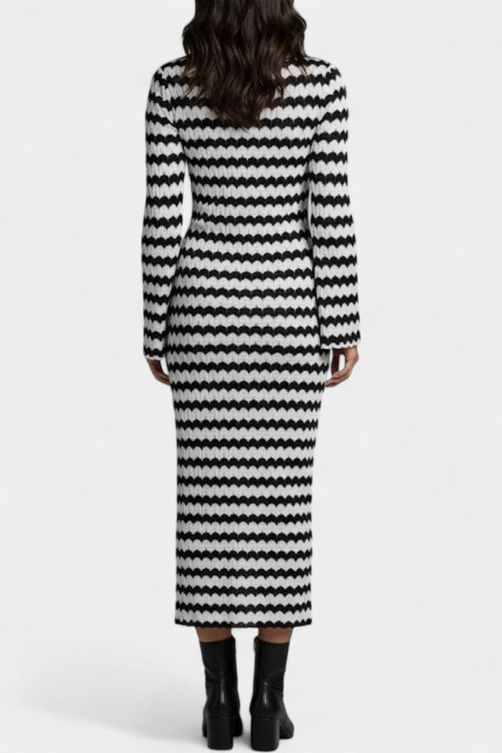 Ilaria One-Shoulder Long Knit Dress with Slit and Striped Design