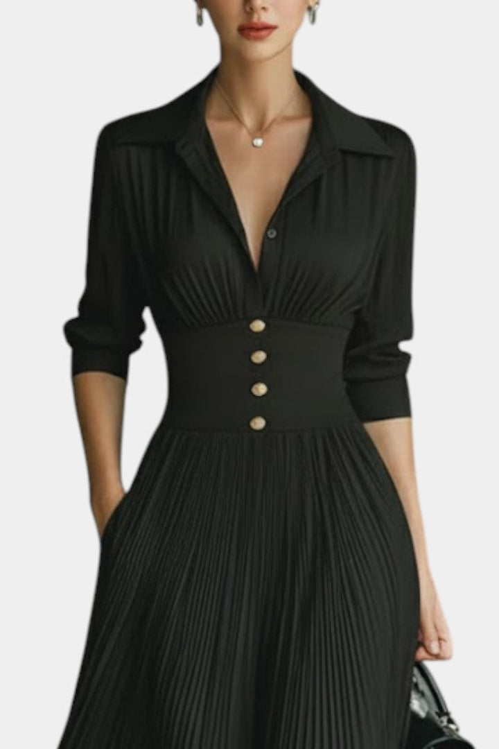Fébronie Long Pleated Dress featuring Notched Collar and Long Sleeves