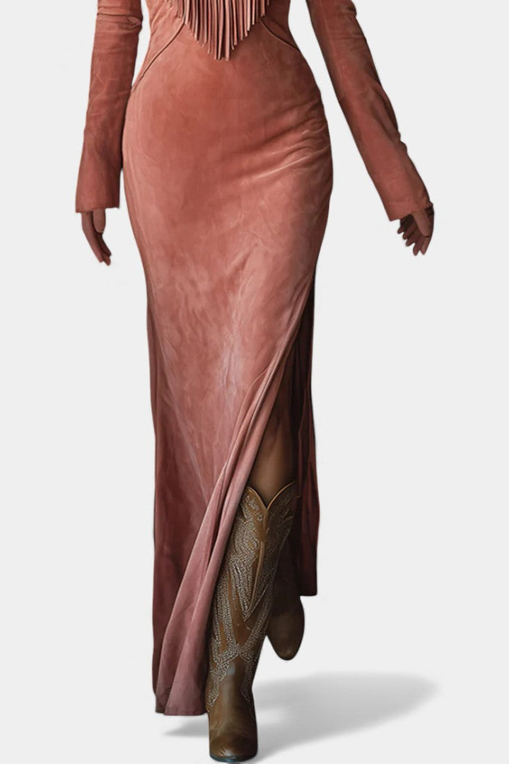 Amber Maxi Dress in Faux Suede with Embroidered Pink Accents and Western Fringes