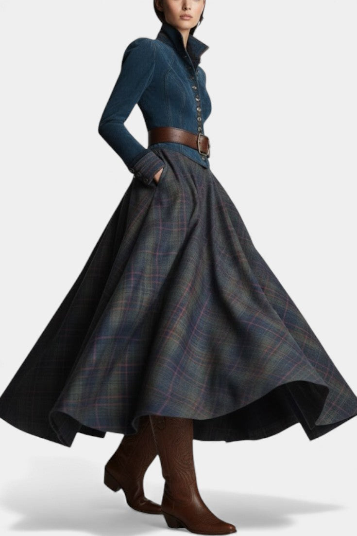 Retro Ethnic Style Liza Maxi Dress in Checkered Suede