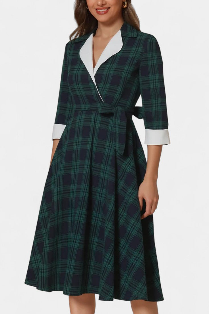 Marcelline Checkered Midi Dress with Flared Hem, Lace Accents, and 3/4 Sleeves