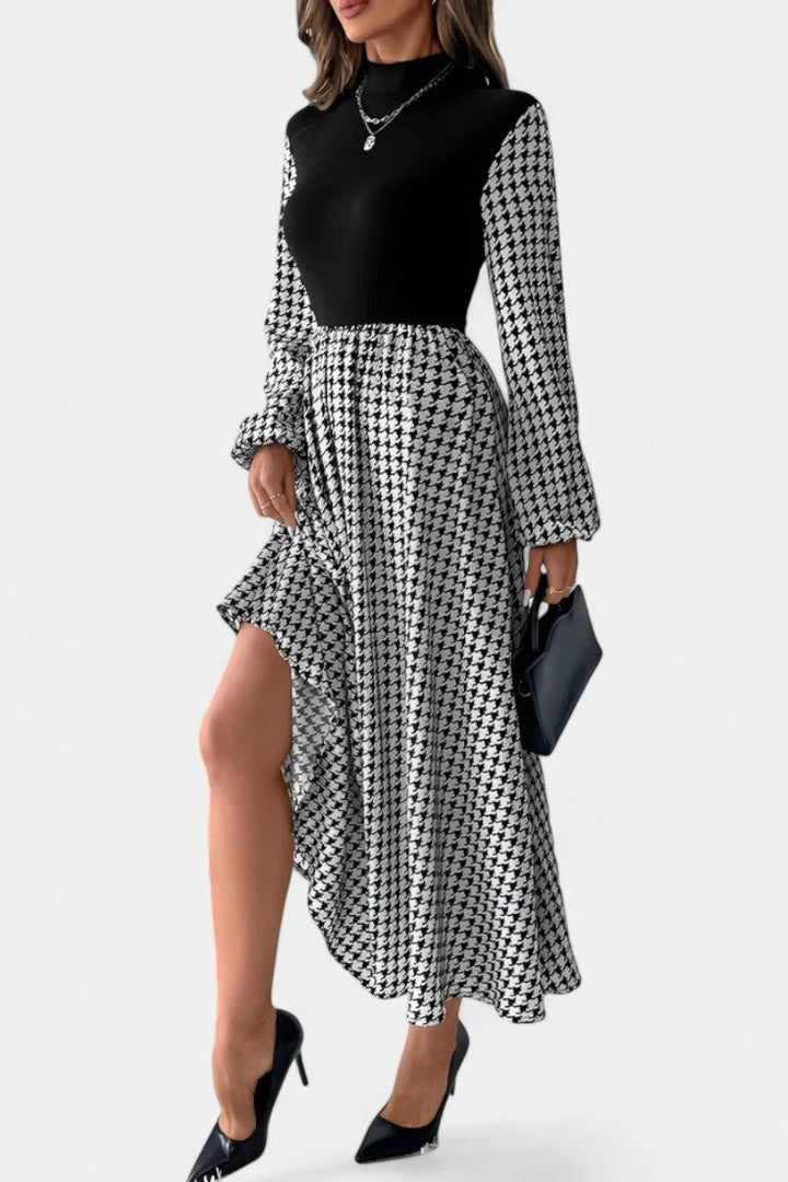 Lauriane High-Collar Midi Flared Dress in Houndstooth Print