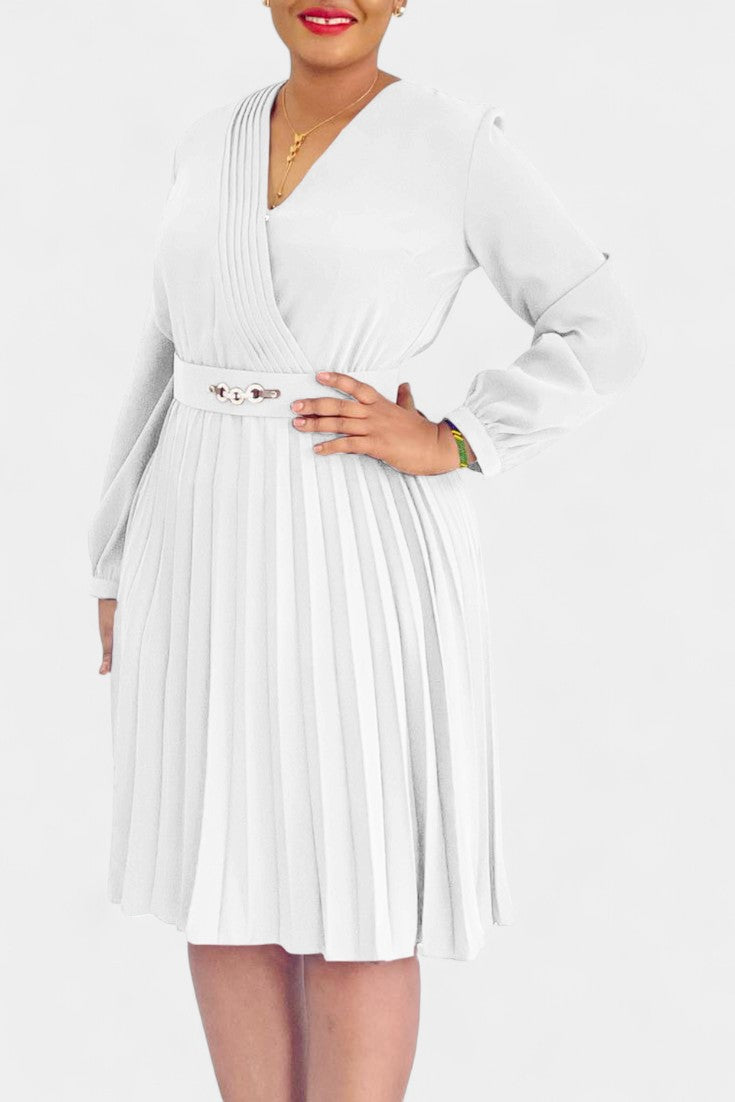 Lucie Long Sleeve Midi Dress with Pleats and Belt