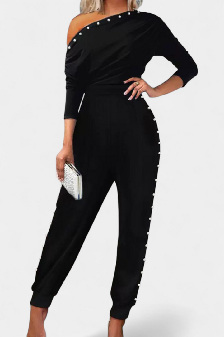 Asymmetrical Beaded Jumpsuit with Straight Leg Design