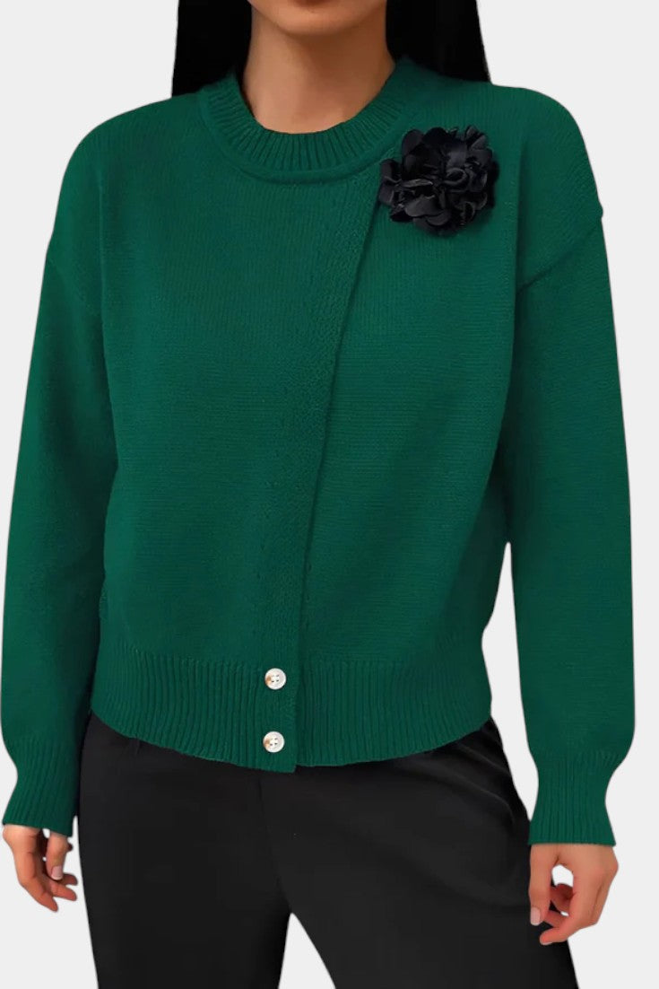 Carole Solid Color Knitted Sweater with Button Accents and Floral Embellishments