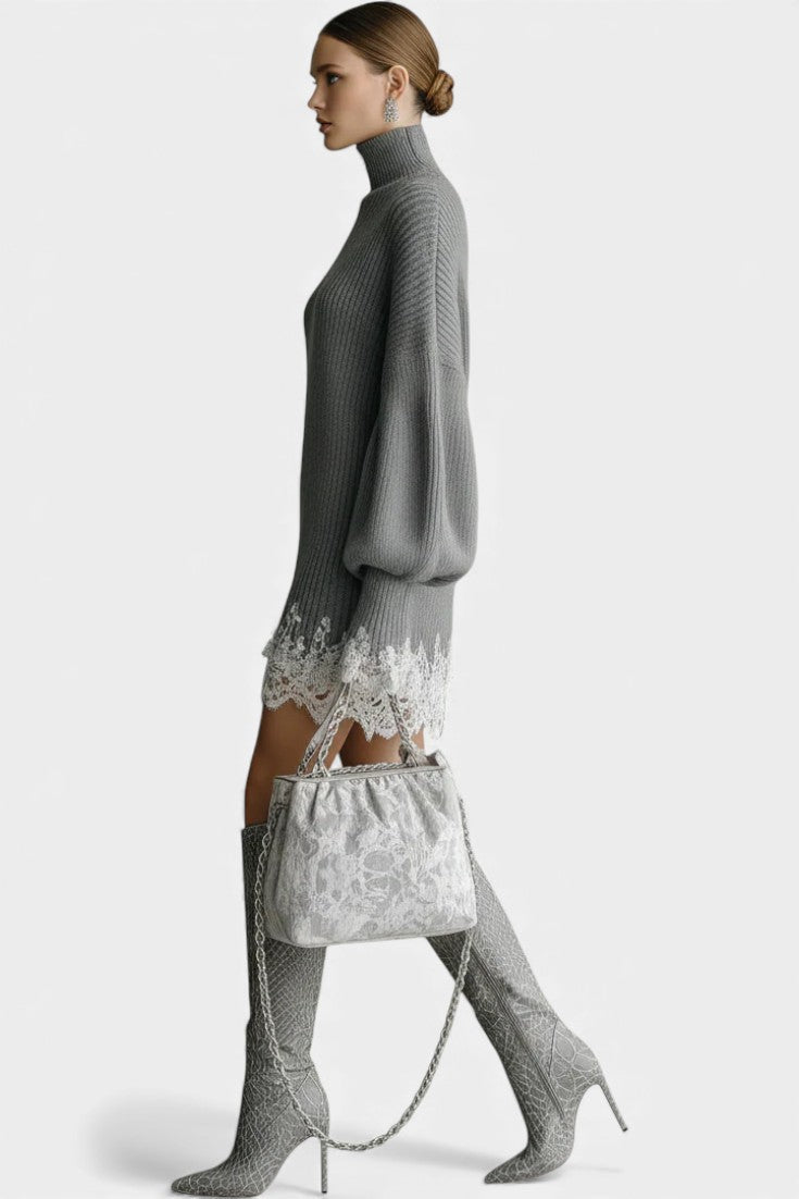 Gray Savine Mini Knit Dress with Turtleneck and White Lace Accents