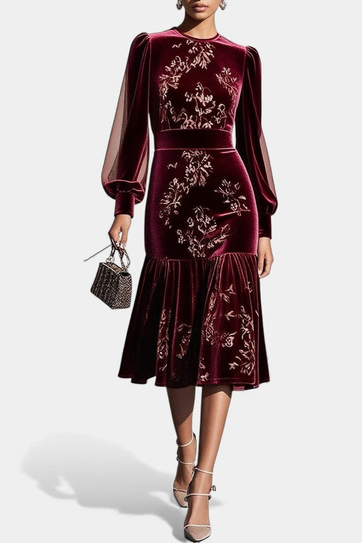 Mavluda Puff Sleeve Midi Mermaid Dress with Round Neck