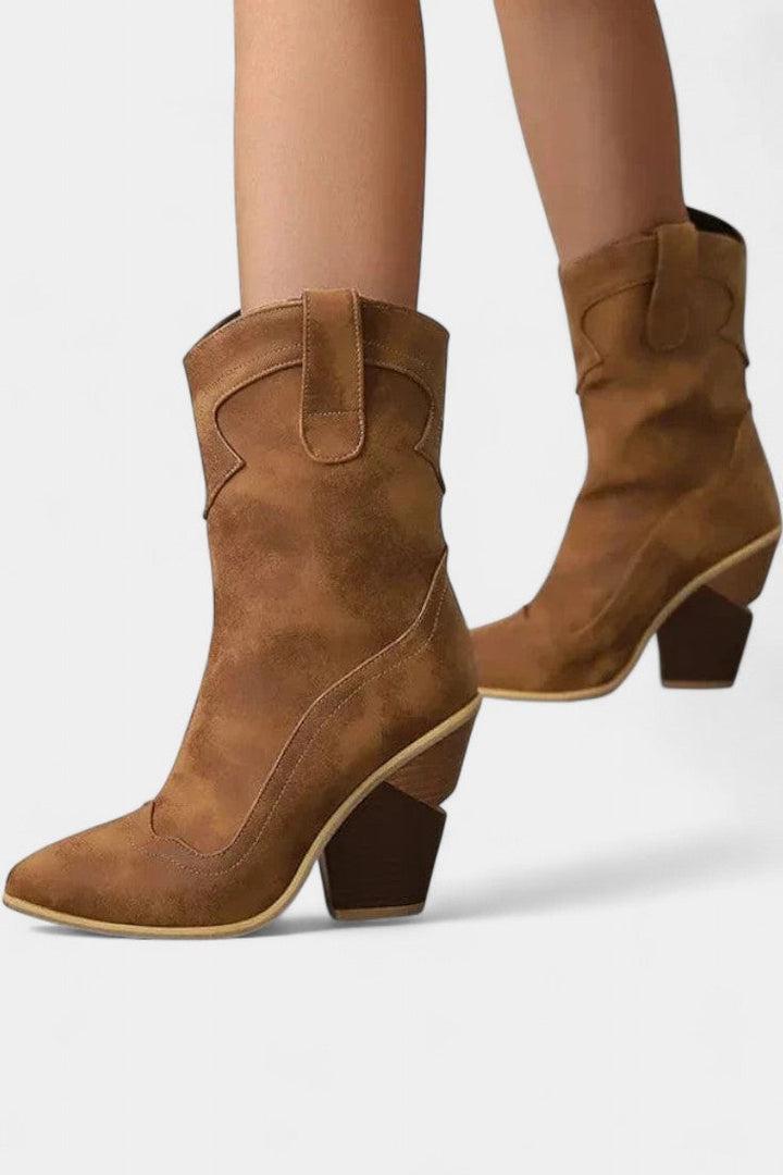 Pointed Toe Soft Leather Western Ankle Boot with Block Heel