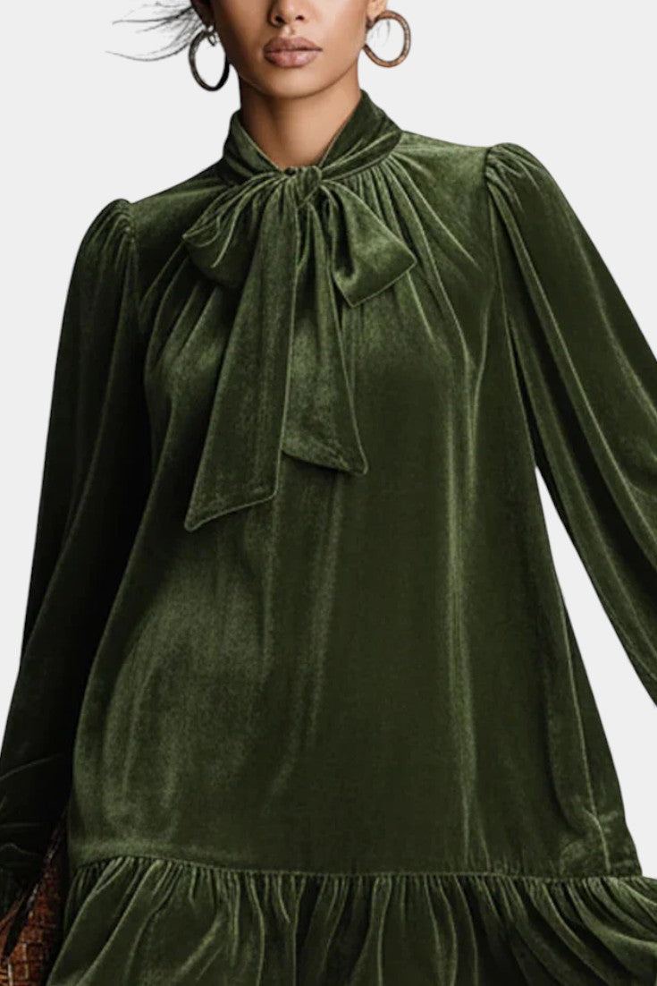 Albertine Velvet Mini Dress with Bow Tie Neckline
