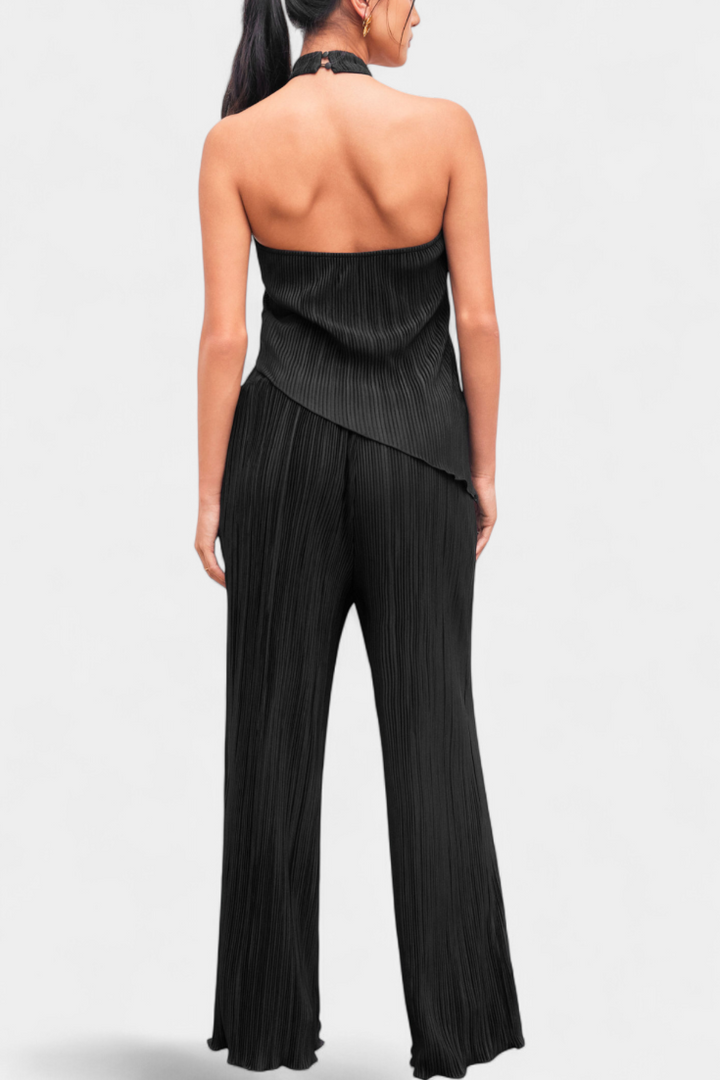 Pilarica Halter Neck Asymmetrical Top with Wide-Leg Pants Set