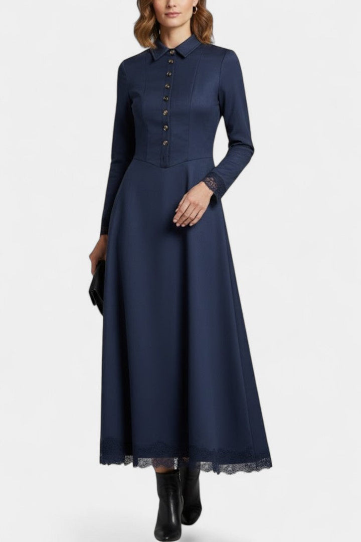 Suede Long Robe with Shirt Collar and Lace Details
