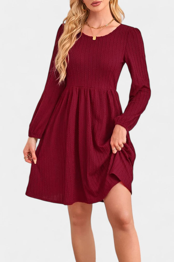 Dorothée Textured Flared Dress featuring Round Neck and Long Sleeves