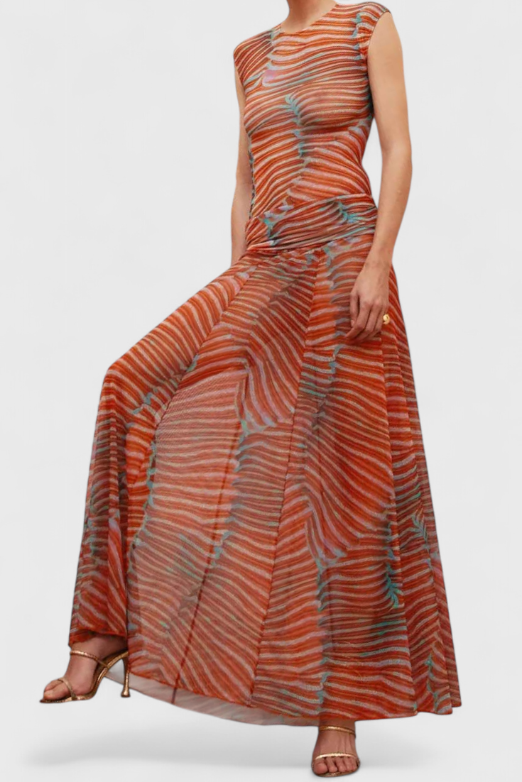 Silvina Set in Vibrant Psychedelic Wave Print with Flowing Midi Skirt