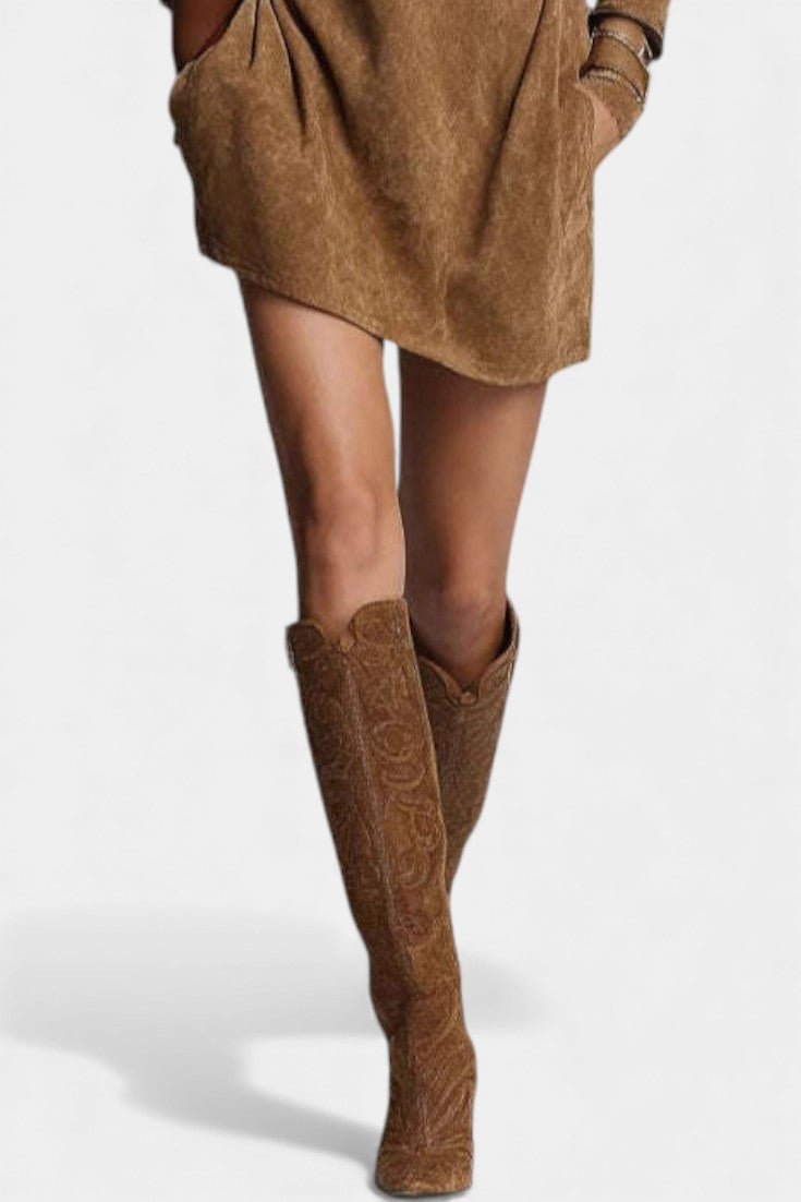 Solveig Brown Suede Mini Dress with Turtleneck and Zipper Detail