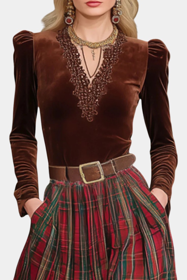 Shana Lace Ensemble with Red Checkered Skirt and Belt