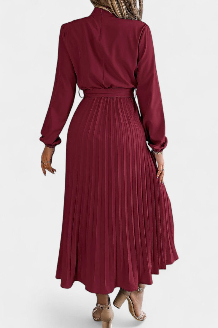 Morgane Pleated Dress Featuring a High Gathered Collar and Tied Waist