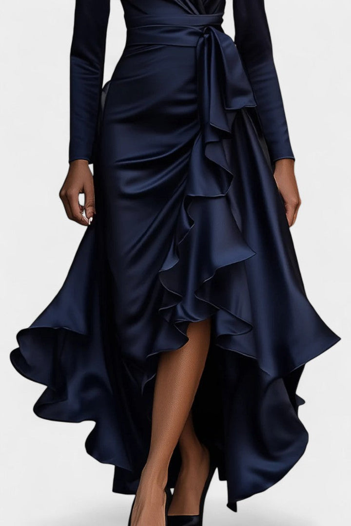 Isabeau Satin Dress featuring Ruffled Hem and Adjustable Belt