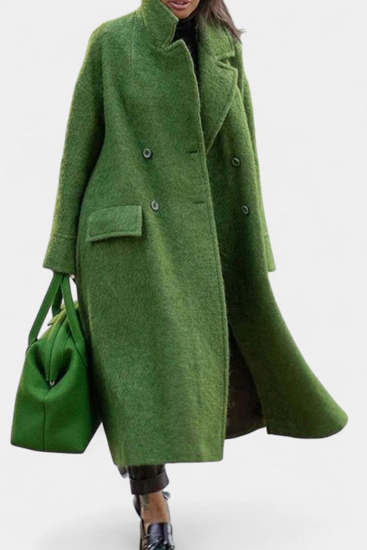 Camile Oversized Long Double-Breasted Coat with Notched Collar