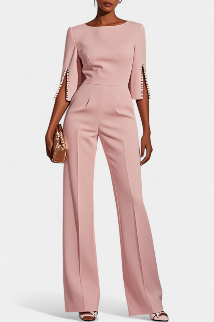 Chic Three-Quarter Sleeve Jumpsuit with Pearl Accents