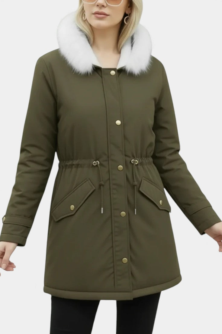 Lanra Belted Hooded Winter Parka with Faux Fur Trim