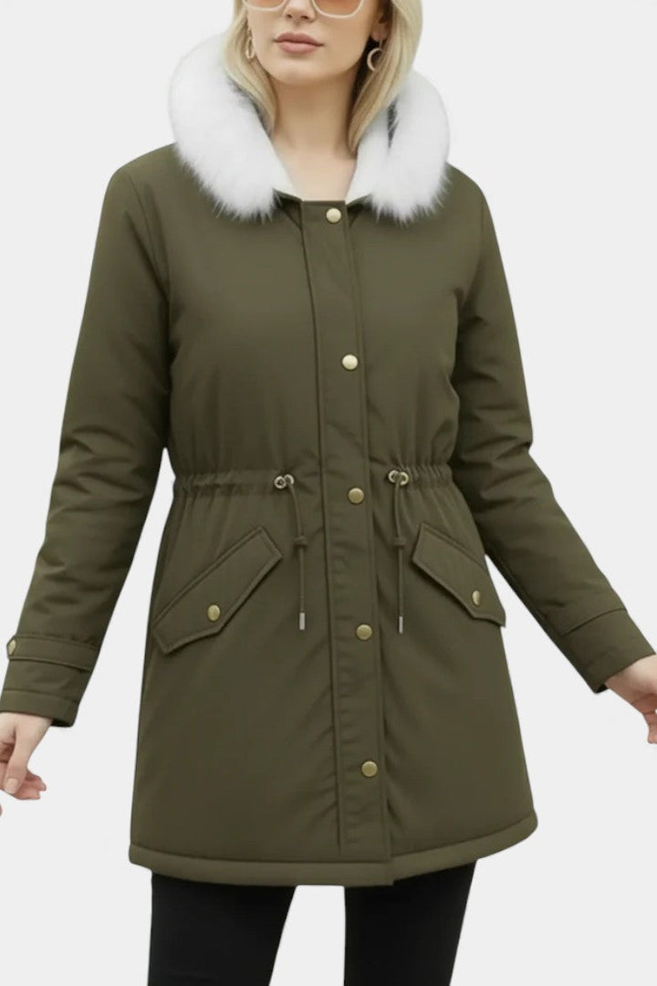 Lanra Belted Hooded Winter Parka with Faux Fur Trim
