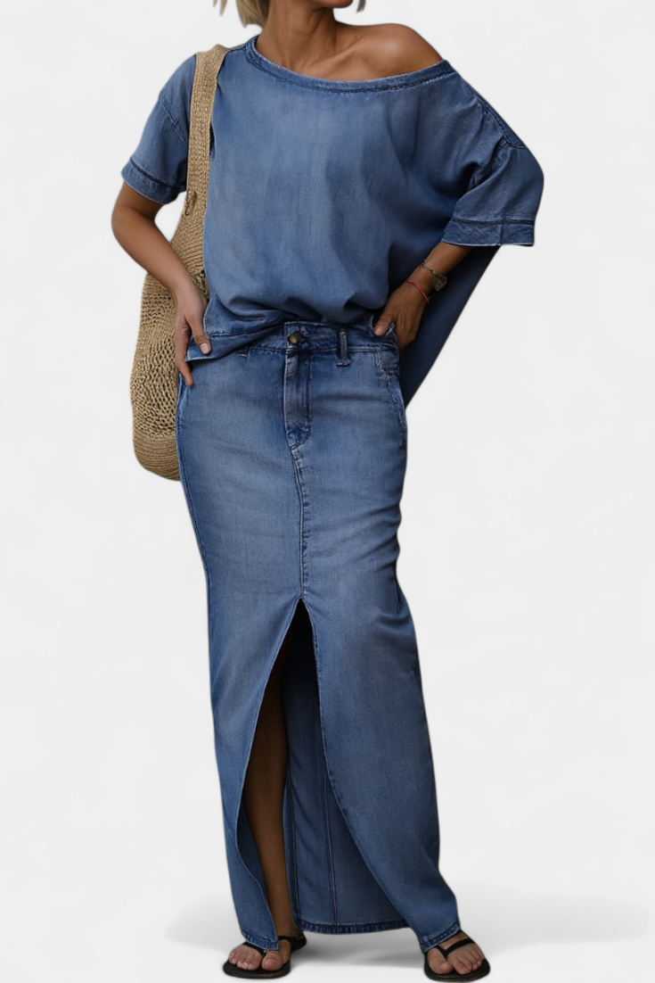 Apolonia Asymmetrical Denim Set with Long Skirt