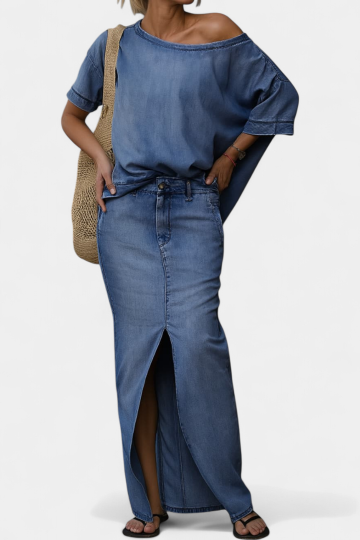 Apolonia Asymmetrical Denim Set with Long Skirt