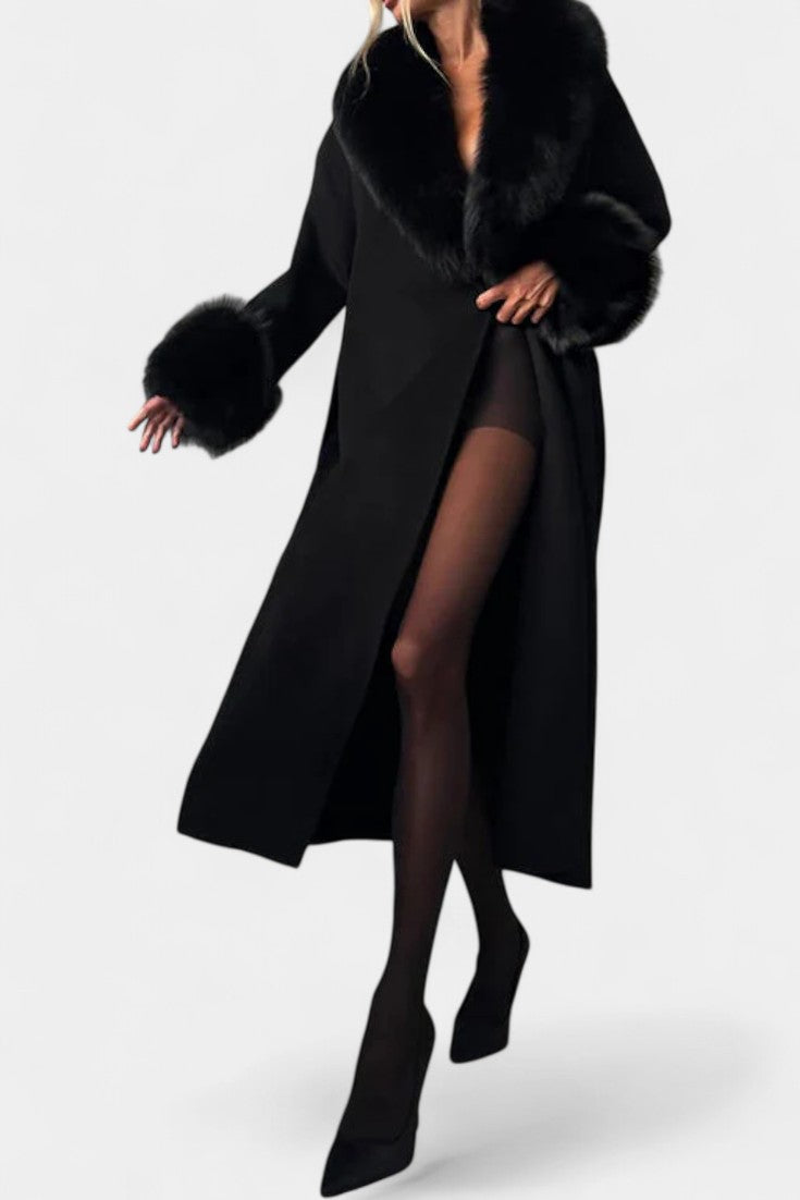 Lalie Long Coat with Belt and Faux Fur Trim