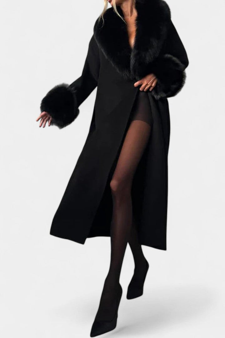Lalie Long Coat with Belt and Faux Fur Trim