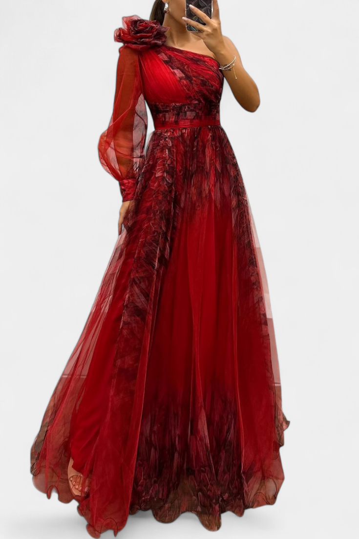 Becca Asymmetrical Chiffon Dress with Elegant Floral Detail