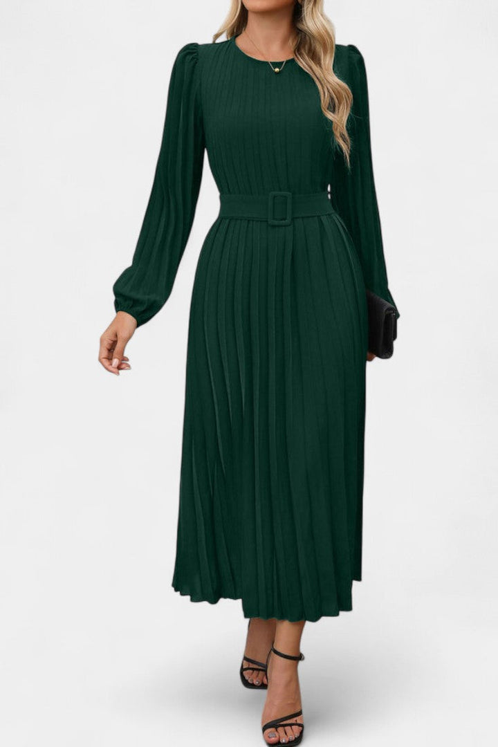 Christelle Puff Sleeve Long Pleated Dress with Belt