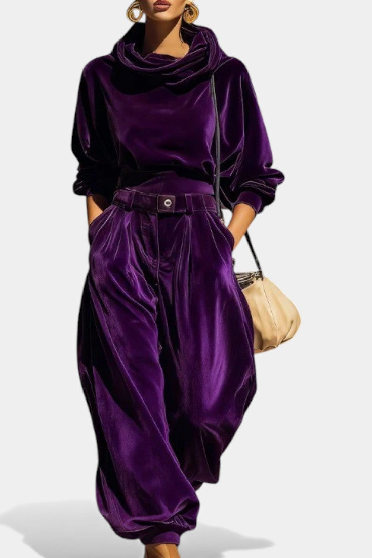 Riana Vintage Brown Velvet Hooded Ensemble with Relaxed Pants