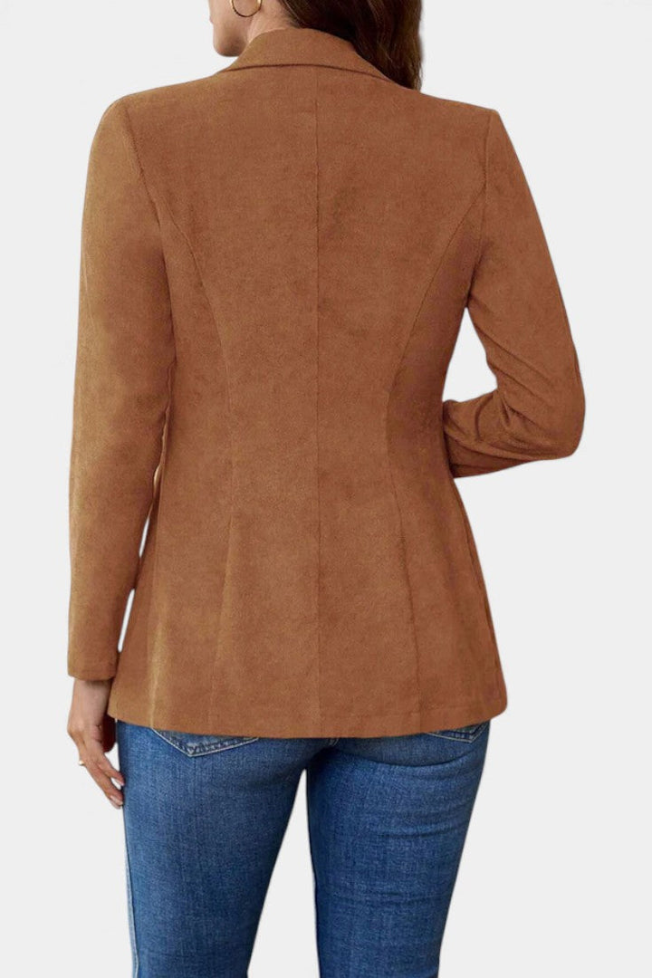 Rhéane Notched Lapel Long Blazer with Single Button Closure