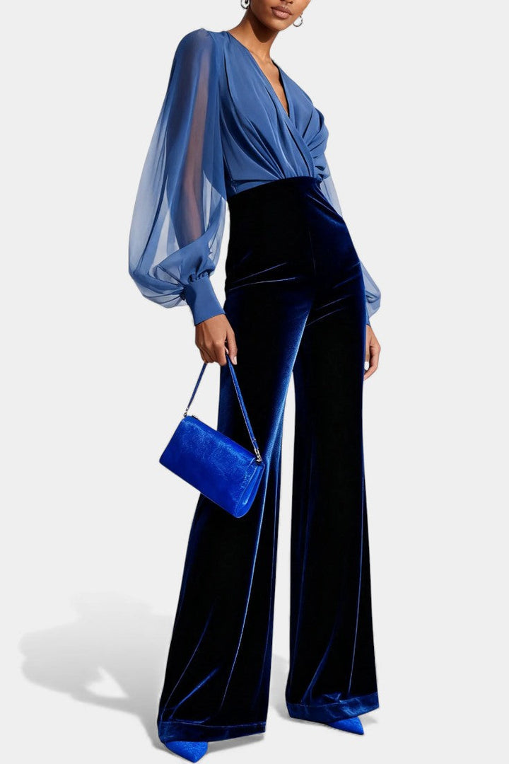 Mikaella V-Neck Blue Velvet Jumpsuit with Long Sleeves